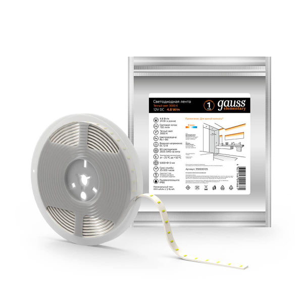 Светодиодная влагозащищенная лента Gauss 4,8W/m 60LED/m 2835SMD теплый белый 5M 356000105 Светодиодная влагозащищенная лента Gauss 4,8W/m 60LED/m 2835SMD теплый белый 5M 356000105