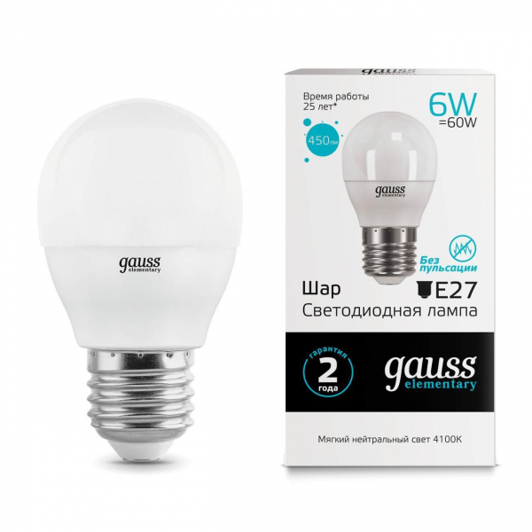 Лампа светодиодная Gauss E27 6W 4100K матовая 53226 Лампа светодиодная Gauss E27 6W 4100K матовая 53226