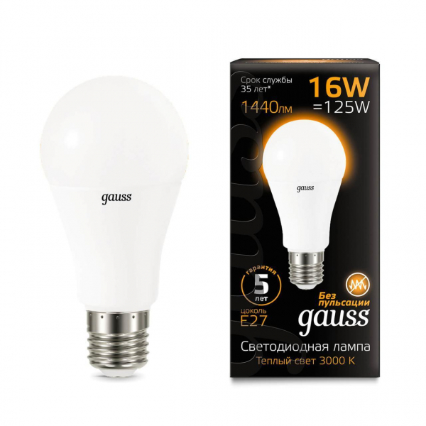 Лампа светодиодная Gauss E27 16W 3000K матовая 102502116 Лампа светодиодная Gauss E27 16W 3000K матовая 102502116