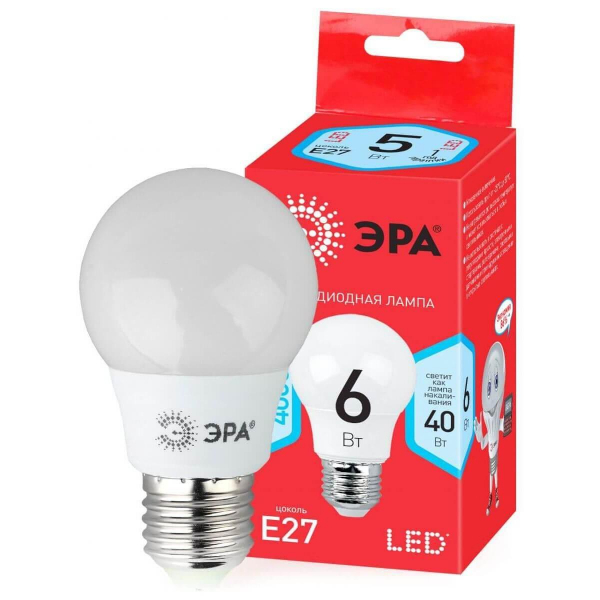 Лампа светодиодная ЭРА E27 6W 4000K матовая LED A55-6W-840-E27 R Б0050688 Лампа светодиодная ЭРА E27 6W 4000K матовая LED A55-6W-840-E27 R Б0050688