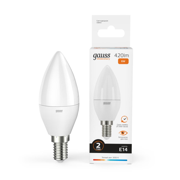 Лампа светодиодная Gauss E14 6W 3000K матовая 33116