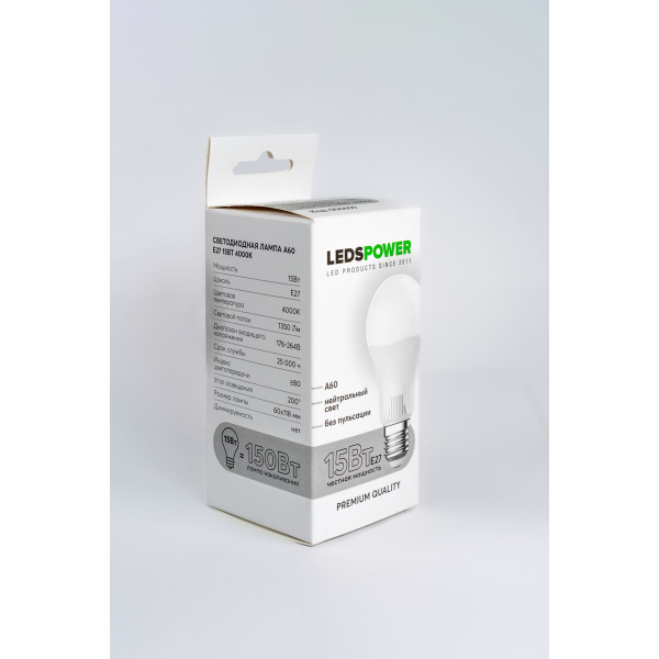 Светодиодная лампа LEDS POWER A60 E27 15Вт 4000К 006659 Светодиодная лампа LEDS POWER A60 E27 15Вт 4000К 006659