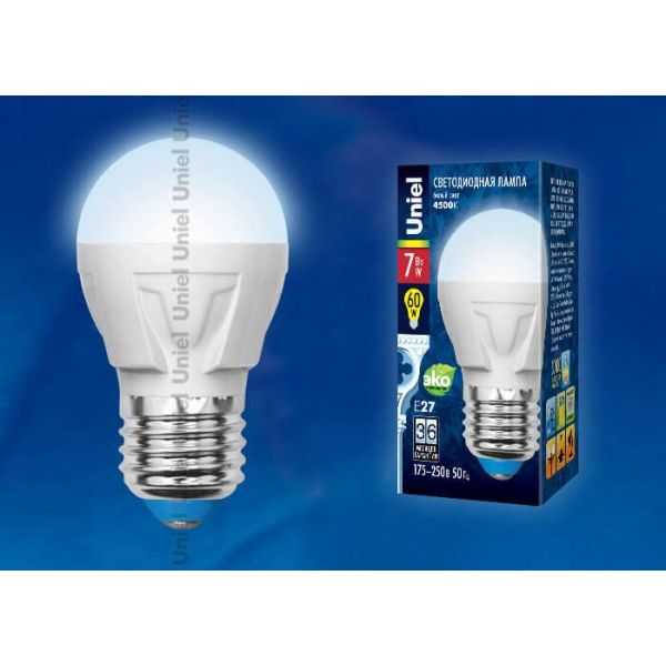 Лампа светодиодная Uniel E27 7W 4000K матовая LED-G45 7W/NW/E27/FR PLP01WH UL-00002418 Лампа светодиодная Uniel E27 7W 4000K матовая LED-G45 7W/NW/E27/FR PLP01WH UL-00002418