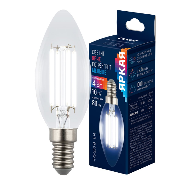 Лампа светодиодная Uniel E14 4W 4000K прозрачная LED-C35-4W/4000K/E14/CL GLY01TR UL-00011937 Лампа светодиодная Uniel E14 4W 4000K прозрачная LED-C35-4W/4000K/E14/CL GLY01TR UL-00011937
