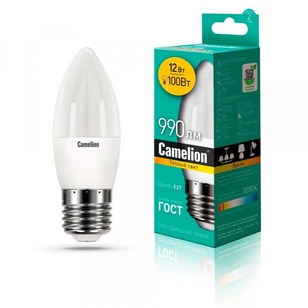 Лампа светодиодная Camelion E27 12W 3000K LED12-C35/830/E27 13688 Лампа светодиодная Camelion E27 12W 3000K LED12-C35/830/E27 13688