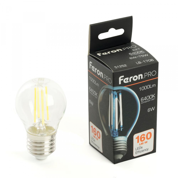 Лампа светодиодная Feron.PRO LB-1706 Шарик E27 1000LM 6W 175-265V 6400K 51252 Лампа светодиодная Feron.PRO LB-1706 Шарик E27 1000LM 6W 175-265V 6400K 51252