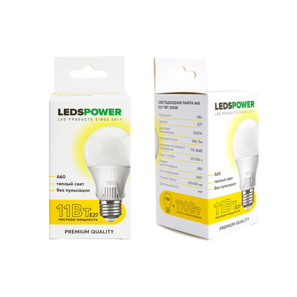 Светодиодная лампа LEDS POWER A60 E27 11Вт 3000К 006628 Светодиодная лампа LEDS POWER A60 E27 11Вт 3000К 006628