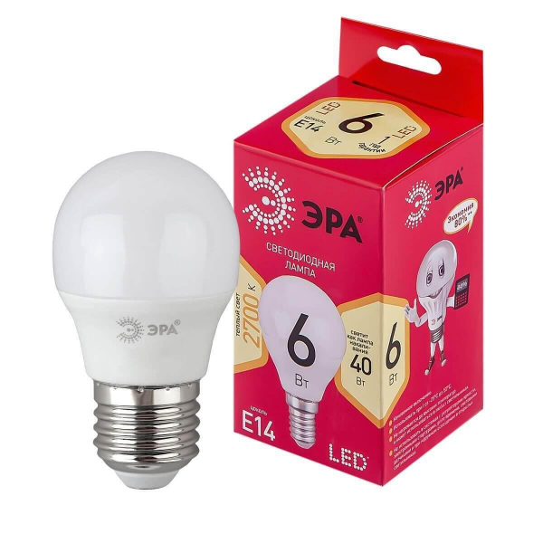 Лампа светодиодная ЭРА E14 6W 2700K матовая LED P45-6W-827-E14 R Б0051058 Лампа светодиодная ЭРА E14 6W 2700K матовая LED P45-6W-827-E14 R Б0051058