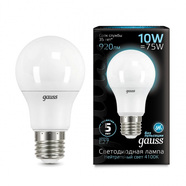 Лампа светодиодная Gauss LED A60 E27 10W 4100K матовая 102502210 Лампа светодиодная Gauss LED A60 E27 10W 4100K матовая 102502210
