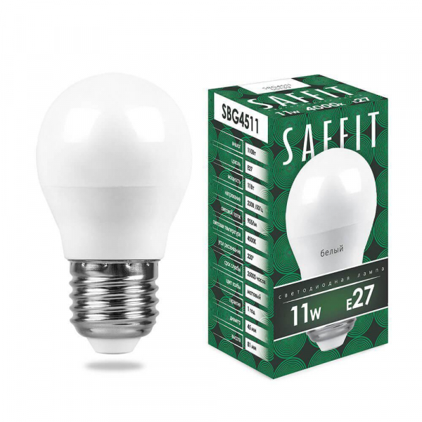 Лампа светодиодная Saffit E27 11W 4000K Шар Матовая SBG4511 55139 Лампа светодиодная Saffit E27 11W 4000K Шар Матовая SBG4511 55139