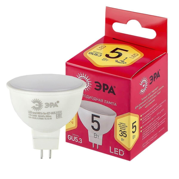 Лампа светодиодная ЭРА GU5.3 5W 2700K матовая LED MR16-5W-827-GU5.3 R Б0050230 Лампа светодиодная ЭРА GU5.3 5W 2700K матовая LED MR16-5W-827-GU5.3 R Б0050230