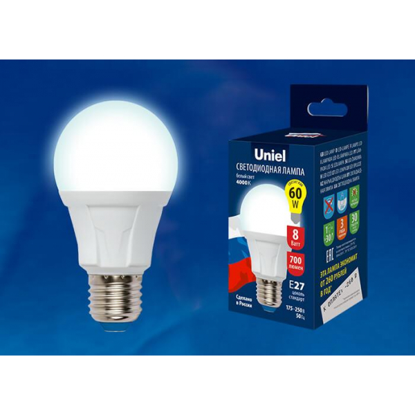 Лампа светодиодная Uniel E27 8W 6500K матовая LED-A60 8W/DW/E27/FR PLP01WH UL-00002003