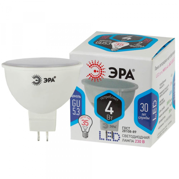 Лампа светодиодная ЭРА GU5.3 4W 4000K матовая LED MR16-4W-840-GU5.3 Б0017747 Лампа светодиодная ЭРА GU5.3 4W 4000K матовая LED MR16-4W-840-GU5.3 Б0017747