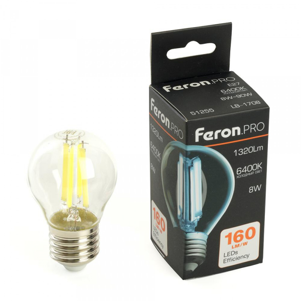 Лампа светодиодная Feron.PRO LB-1708 Шарик E27 1320LM 8W 175-265V 6400K 51255 Лампа светодиодная Feron.PRO LB-1708 Шарик E27 1320LM 8W 175-265V 6400K 51255