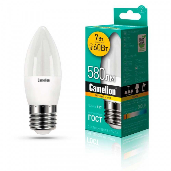 Лампа светодиодная Camelion E27 7W 3000K LED7-C35/830/E27 12077 Лампа светодиодная Camelion E27 7W 3000K LED7-C35/830/E27 12077