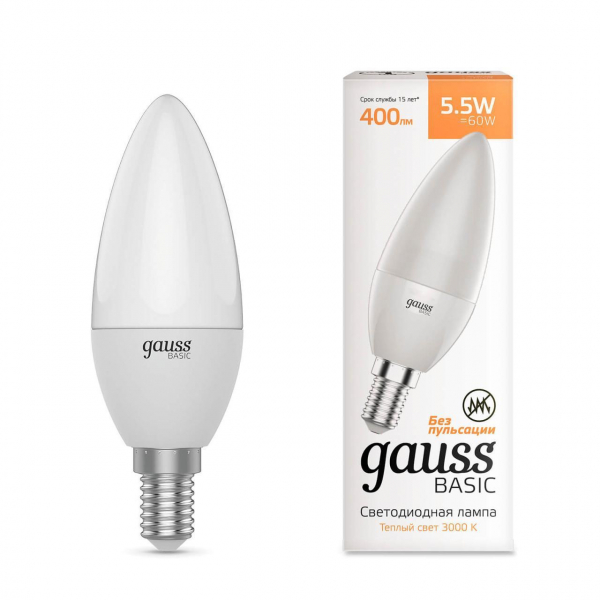 Лампа светодиодная Gauss E14 5,5W 3000К матовая 1033116 Лампа светодиодная Gauss E14 5,5W 3000К матовая 1033116