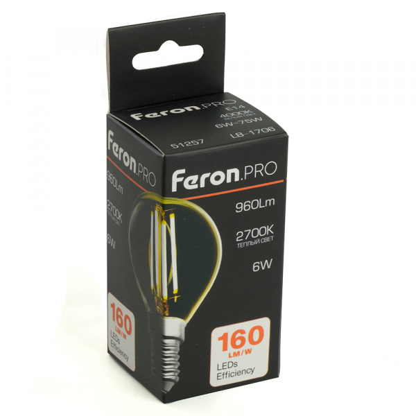 Лампа светодиодная Feron.PRO LB-1706 Шарик E14 960LM 6W 175-265V 2700K 51256 Лампа светодиодная Feron.PRO LB-1706 Шарик E14 960LM 6W 175-265V 2700K 51256