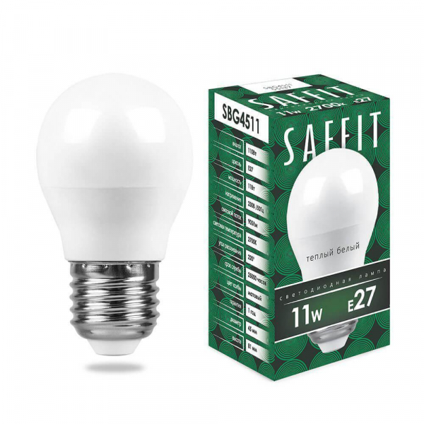 Лампа светодиодная Saffit E27 11W 2700K Шар Матовая SBG4511 55137 Лампа светодиодная Saffit E27 11W 2700K Шар Матовая SBG4511 55137