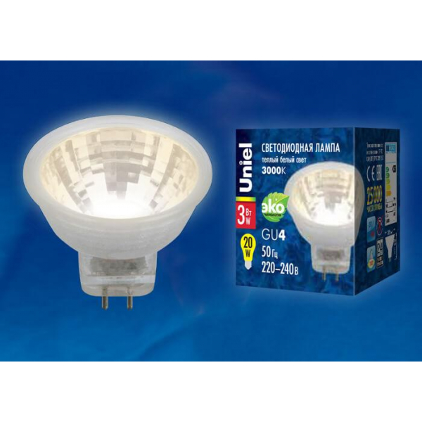 Лампа светодиодная Uniel GU4 3W 3000K прозрачная LED-MR11-3W/WW/GU4/220V GLZ21TR UL-00001702 Лампа светодиодная Uniel GU4 3W 3000K прозрачная LED-MR11-3W/WW/GU4/220V GLZ21TR UL-00001702