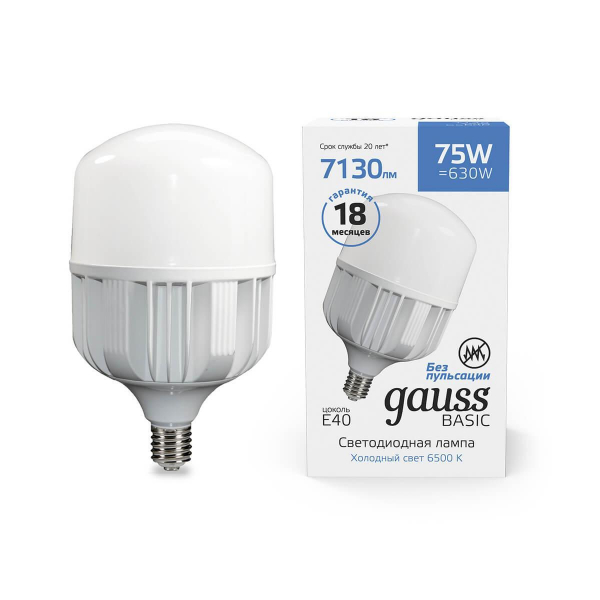 Лампа светодиодная сверхмощная Gauss E40 75W 6500К матовая 11734382 Лампа светодиодная сверхмощная Gauss E40 75W 6500К матовая 11734382