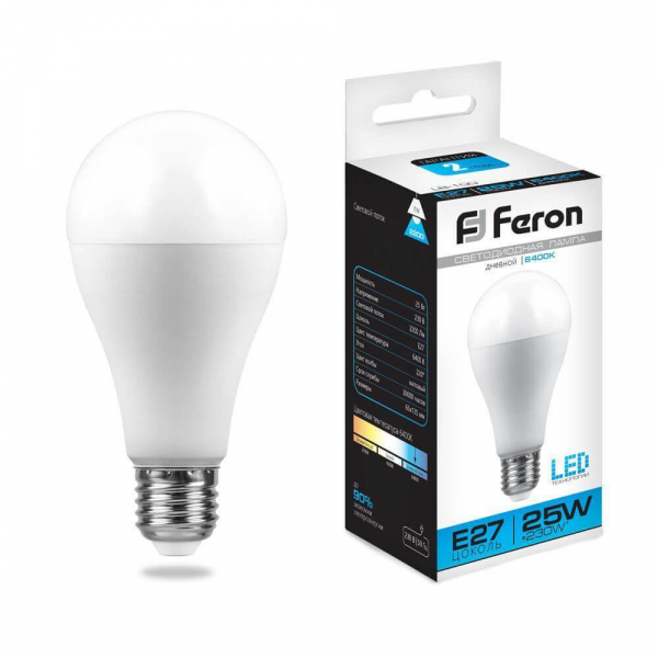 Лампа светодиодная Feron E27 25W 6400K Шар Матовая LB-100 25792 Лампа светодиодная Feron E27 25W 6400K Шар Матовая LB-100 25792