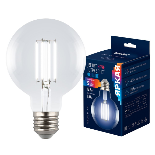 Лампа светодиодная Uniel E27 5W 4000K прозрачная LED-G95-5W/4000K/E27/CL GLY01TR UL-00011943 Лампа светодиодная Uniel E27 5W 4000K прозрачная LED-G95-5W/4000K/E27/CL GLY01TR UL-00011943