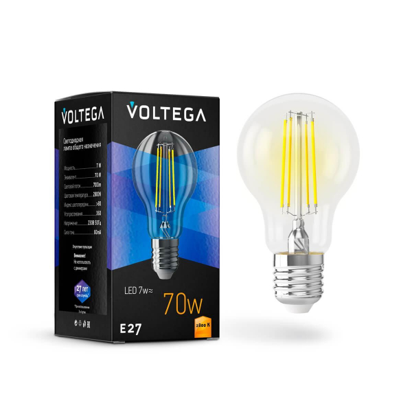 Лампа светодиодная Voltega E27 7W 2800K прозрачная VG10-A60E27warm7W-F 7140 Лампа светодиодная Voltega E27 7W 2800K прозрачная VG10-A60E27warm7W-F 7140