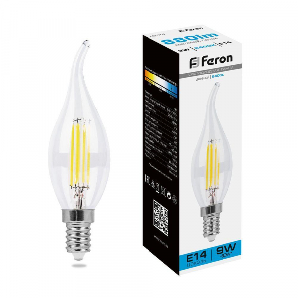 Лампа светодиодная филаментная Feron E14 9W 6400K прозрачная LB-74 38235 Лампа светодиодная филаментная Feron E14 9W 6400K прозрачная LB-74 38235