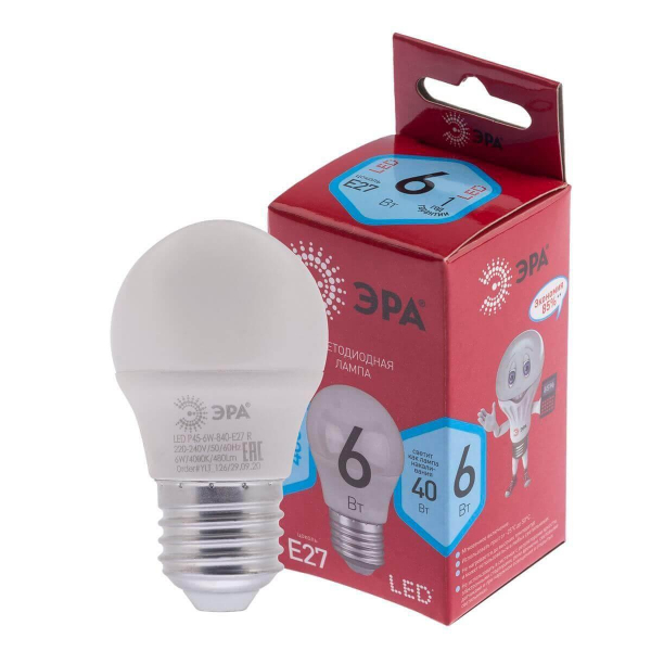 Лампа светодиодная ЭРА E27 6W 4000K матовая LED P45-6W-840-E27 R Б0049644 Лампа светодиодная ЭРА E27 6W 4000K матовая LED P45-6W-840-E27 R Б0049644