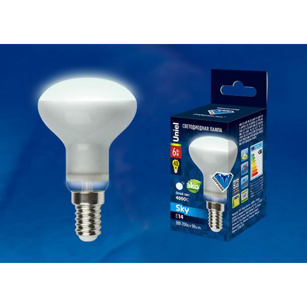Лампа светодиодная рефлекторная Uniel E14 6W 4000K матовая LED-R50-6W/NW/E14/FR PLS02WH UL-00001492 Лампа светодиодная рефлекторная Uniel E14 6W 4000K матовая LED-R50-6W/NW/E14/FR PLS02WH UL-00001492