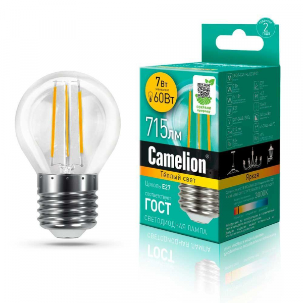 Лампа светодиодная Camelion E27 7W 3000K LED7-G45-FL/830/E27 13457 Лампа светодиодная Camelion E27 7W 3000K LED7-G45-FL/830/E27 13457