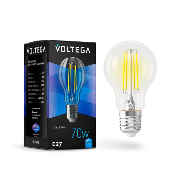 Лампа светодиодная Voltega E27 7W 4000K прозрачная VG10-A60E27cold7W-F 7141 Лампа светодиодная Voltega E27 7W 4000K прозрачная VG10-A60E27cold7W-F 7141