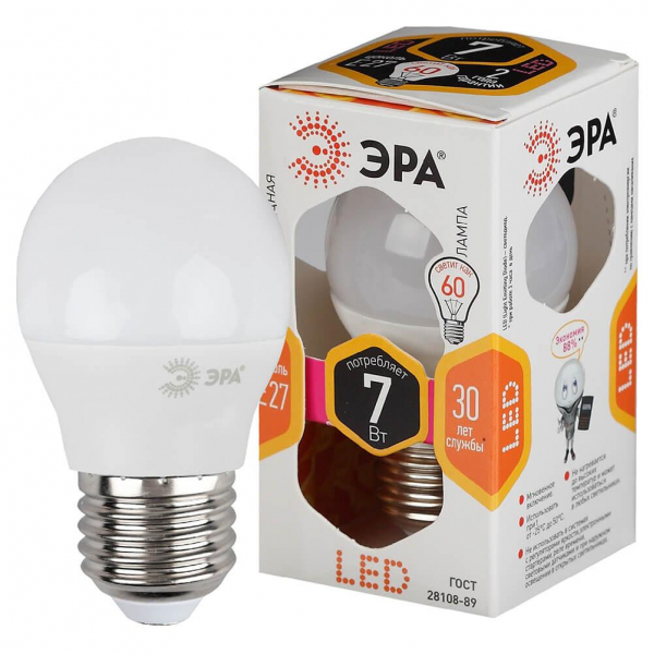Лампа светодиодная ЭРА E27 7W 2700K матовая LED P45-7W-827-E27 Б0020550 Лампа светодиодная ЭРА E27 7W 2700K матовая LED P45-7W-827-E27 Б0020550