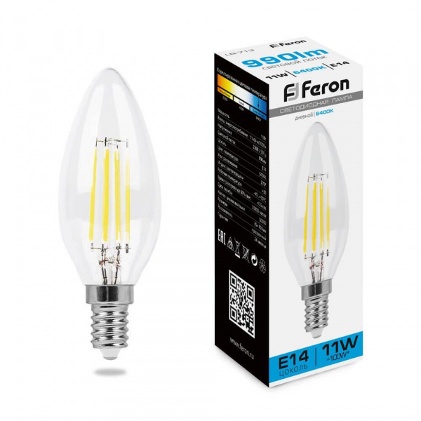 Лампа светодиодная филаментная Feron E14 11W 6400K прозрачная LB-713 38231 Лампа светодиодная филаментная Feron E14 11W 6400K прозрачная LB-713 38231