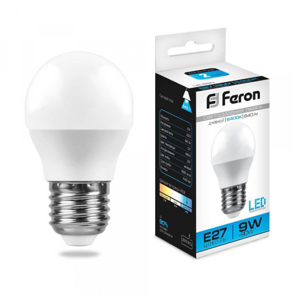 Лампа светодиодная Feron E27 9W 6400K Шар Матовая LB-550 25806 Лампа светодиодная Feron E27 9W 6400K Шар Матовая LB-550 25806