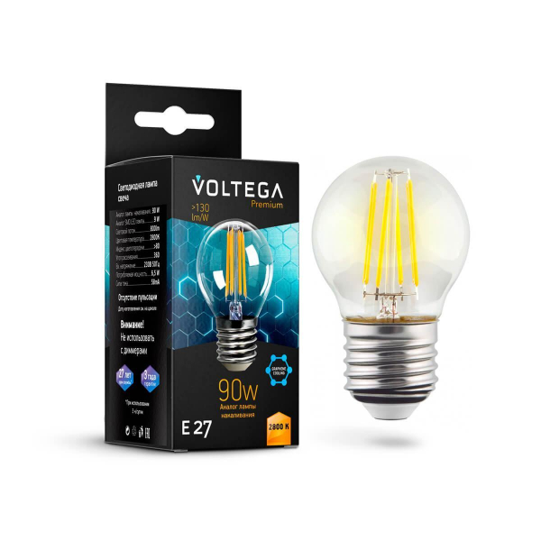 Лампа светодиодная Voltega E27 6,5W 2800K прозрачная VG10-G45E27warm9W-F 7138 Лампа светодиодная Voltega E27 6,5W 2800K прозрачная VG10-G45E27warm9W-F 7138