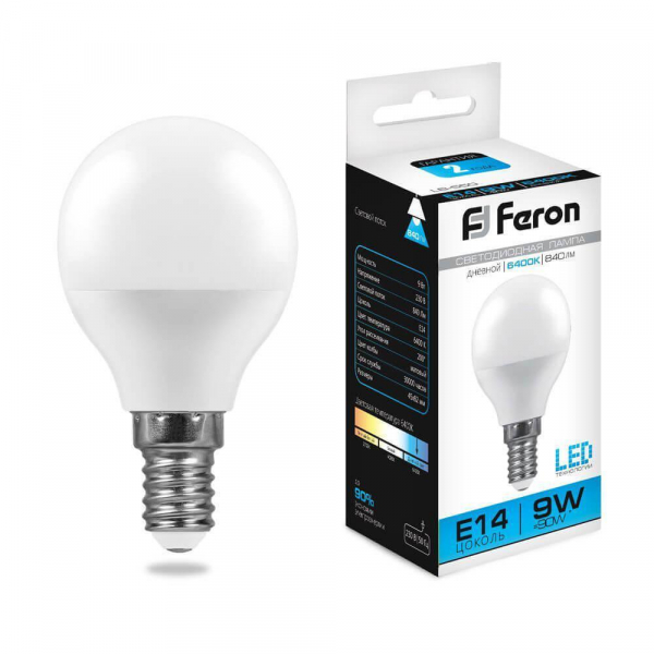 Лампа светодиодная Feron E14 9W 6400K Шар Матовая LB-550 25803 Лампа светодиодная Feron E14 9W 6400K Шар Матовая LB-550 25803