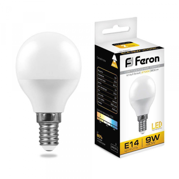 Лампа светодиодная Feron E14 9W 2700K Шар Матовая LB-550 25801 Лампа светодиодная Feron E14 9W 2700K Шар Матовая LB-550 25801
