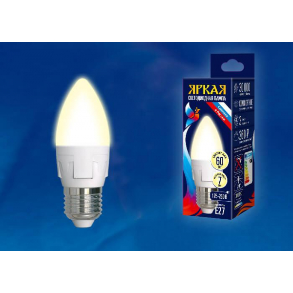 Лампа светодиодная Uniel E27 7W 3000K матовая LED-C37 7W/WW/E27/FR PLP01WH UL-00002414 Лампа светодиодная Uniel E27 7W 3000K матовая LED-C37 7W/WW/E27/FR PLP01WH UL-00002414