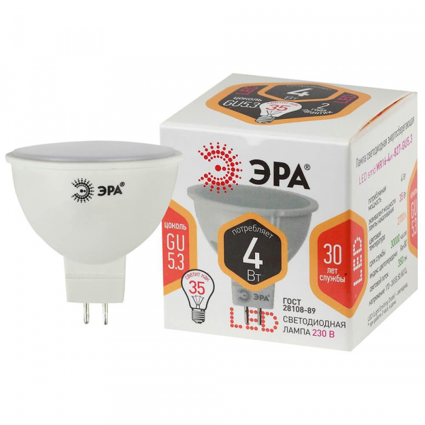Лампа светодиодная ЭРА GU5.3 4W 2700K матовая LED MR16-4W-827-GU5.3 Б0017897 Лампа светодиодная ЭРА GU5.3 4W 2700K матовая LED MR16-4W-827-GU5.3 Б0017897