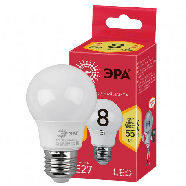 Лампа светодиодная ЭРА E27 8W 2700K матовая ECO LED A55-8W-827-E27 Б0032095 Лампа светодиодная ЭРА E27 8W 2700K матовая ECO LED A55-8W-827-E27 Б0032095
