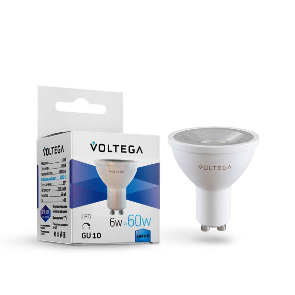 Лампа светодиодная Voltega GU10 6W 4000К прозрачная VG2-S1GU10cold6W-D 7109 Лампа светодиодная Voltega GU10 6W 4000К прозрачная VG2-S1GU10cold6W-D 7109