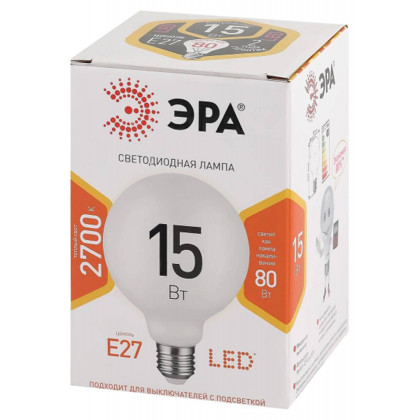 Лампа светодиодная ЭРА E27 15W 2700K матовая LED G90-15W-2700K-E27 Б0049077 Лампа светодиодная ЭРА E27 15W 2700K матовая LED G90-15W-2700K-E27 Б0049077