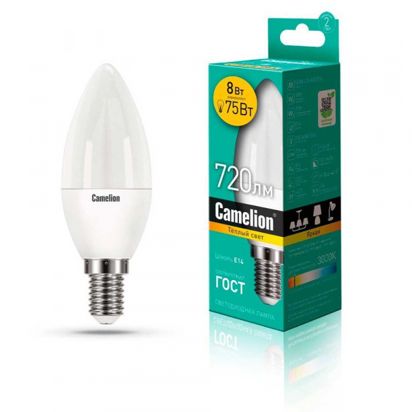 Лампа светодиодная Camelion E14 8W 3000K LED8-C35/830/E14 12385 Лампа светодиодная Camelion E14 8W 3000K LED8-C35/830/E14 12385