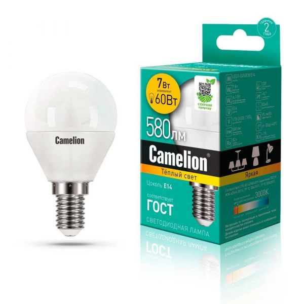 Лампа светодиодная Camelion E14 7W 3000K LED7-G45/830/E14 12069 Лампа светодиодная Camelion E14 7W 3000K LED7-G45/830/E14 12069