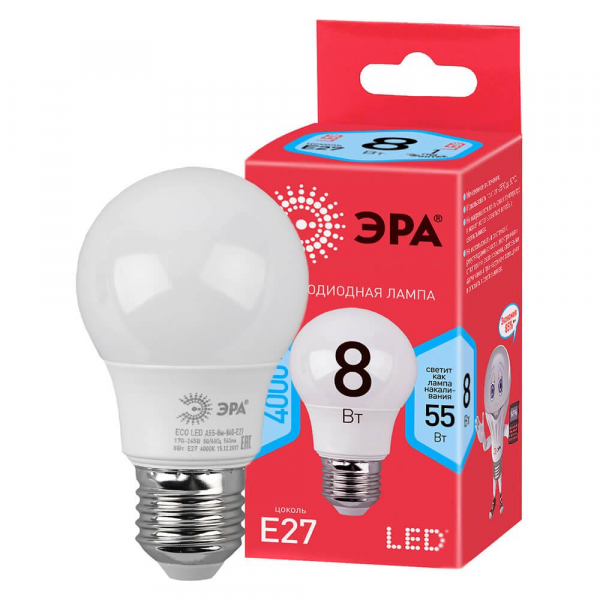 Лампа светодиодная ЭРА E27 8W 4000K матовая ECO LED A55-8W-840-E27 Б0032096 Лампа светодиодная ЭРА E27 8W 4000K матовая ECO LED A55-8W-840-E27 Б0032096