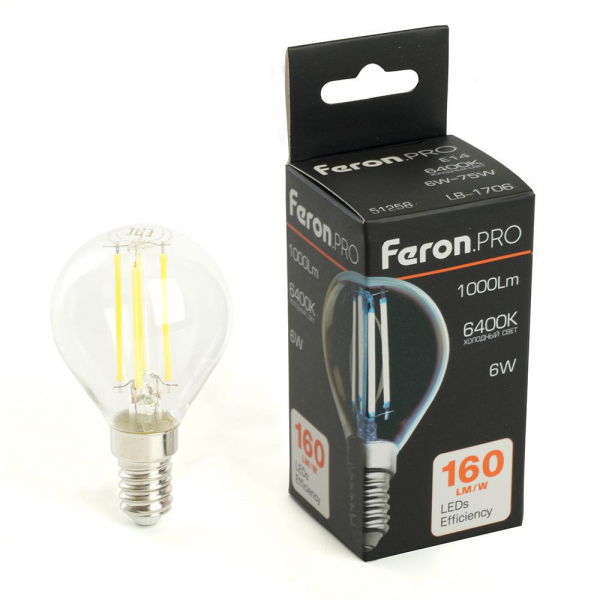 Лампа светодиодная Feron.PRO LB-1706 Шарик E14 1000LM 6W 175-265V 6400K 51258 Лампа светодиодная Feron.PRO LB-1706 Шарик E14 1000LM 6W 175-265V 6400K 51258
