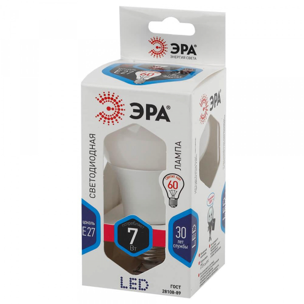 Лампа светодиодная ЭРА E27 7W 4000K матовая LED A60-7W-840-E27 Б0029820 Лампа светодиодная ЭРА E27 7W 4000K матовая LED A60-7W-840-E27 Б0029820