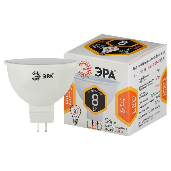 Лампа светодиодная ЭРА GU5.3 8W 2700K матовая LED MR16-8W-827-GU5.3 Б0020546 Лампа светодиодная ЭРА GU5.3 8W 2700K матовая LED MR16-8W-827-GU5.3 Б0020546