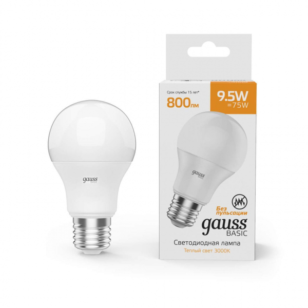 Лампа светодиодная Gauss E27 9,5W 3000К матовая 1023210 Лампа светодиодная Gauss E27 9,5W 3000К матовая 1023210